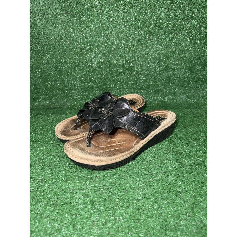 Clarks Artisan Black Leather Flower Wedge Thong Sandals Beach Slide Women Size 8 - Picture 3 of 9